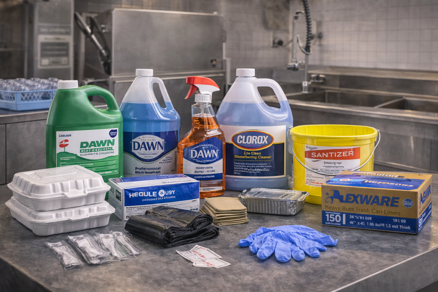 Dishroom and back-of-house area with detergents, degreasers, can liners and gloves